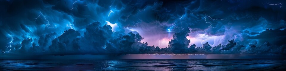 A dramatic thunderstorm with vivid lightning and ominous clouds above the ocean, showcasing nature's power and beauty during the night