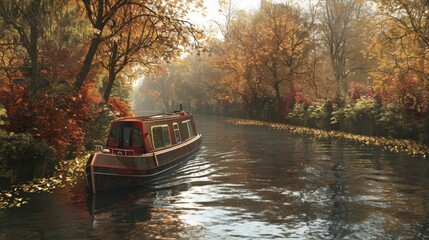 Tranquil Autumn Journey Serene Canal Boat Sailing Through Countryside Waters
