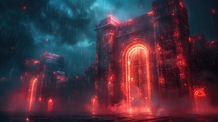 Naklejka premium Mystical glowing red gates amidst a dark, cloudy night, evoking a sense of fantasy and mystery in an eerie landscape.
