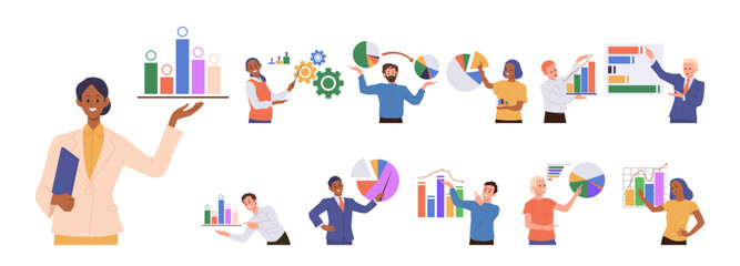 Business people characters performing benchmark market analysis and financial data charts big set