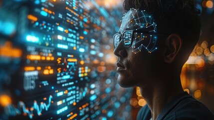 Person with digital overlay and futuristic interface exploring data in a technological environment, highlighting artificial intelligence and innovation.