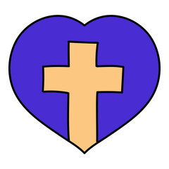 christian cross inside heart shape hand drawn color vector illustration