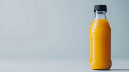 Glass bottle of Orange Juice on a light blue background