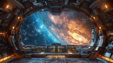 Stunning view of a colorful galaxy and stars from a futuristic spaceship cockpit, showcasing deep space scenery and awe-inspiring cosmic beauty.