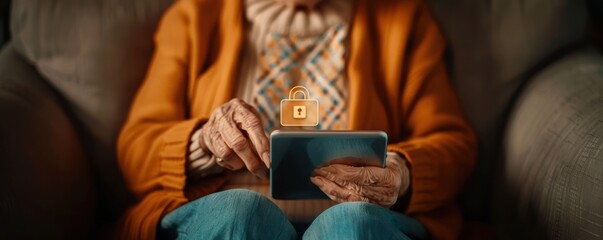 Elderly person using tablet with a security icon, Internet Safety, protecting senior users online