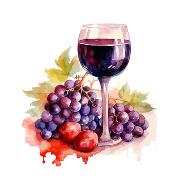 recommend clip art: Drawing of a glass of wine and a bunch of grapes with leaves. For your design, a watercolor clipart featuring grapes, tempting cakes, refreshing juice, and delightful ice cream. Elevate your designs