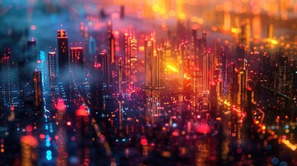 Naklejka premium Vibrant cityscape at dusk with glowing buildings and colorful lights creating a futuristic, dreamy, and abstract urban skyline.