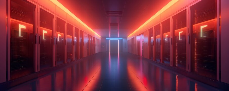 High-tech server room with security holograms, Internet Safety, protecting data centers