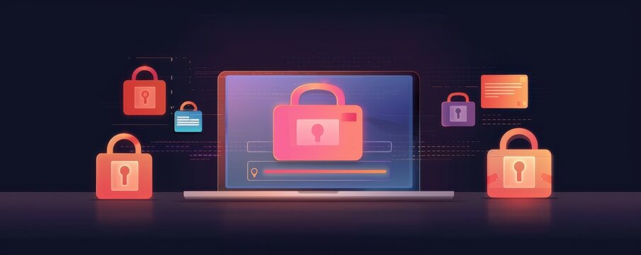Laptop screen with warning alerts and padlock icons, Internet Safety, cybersecurity threats
