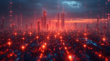 A futuristic digital city with glowing neon lights and a dark, ominous sky, showcasing advanced technology and cyberpunk aesthetics.