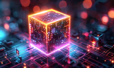 a cube-shaped background with colorful neon with a futuristic concept