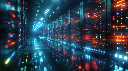 A futuristic data center hallway with glowing servers and colorful lights, representing advanced technology and high-speed data processing.