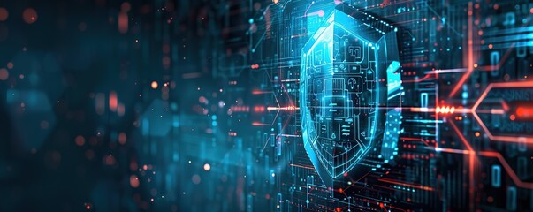 a background of a blue shield with a futuristic concept