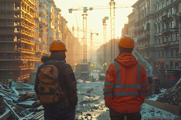 Architects discussing blueprints at a construction site with cranes in the background