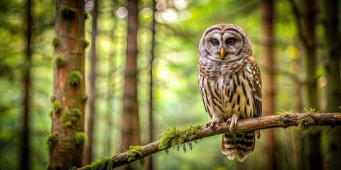 An owl perched on a tree branch in a forest setting , owl, bird, wildlife, nature, branch, perched, outdoors, forest, feathers, animal