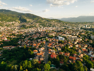 Aerial view of Sarajevo city at sunset in Bosnia and Herzegovina