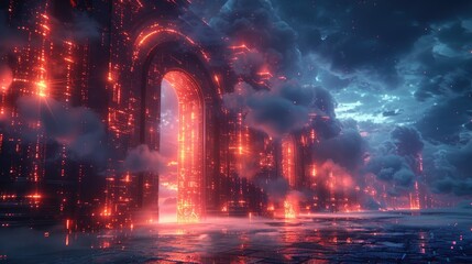 A mesmerizing digital art of a glowing red portal amidst clouds and water with a surreal and futuristic atmosphere.