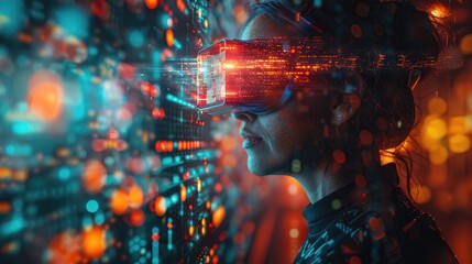 A person wearing VR headset immersed in a digital virtual reality environment with vibrant, glowing lights and futuristic technology.
