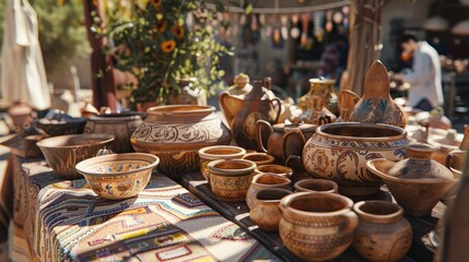 Fototapeta premium Sunny Market Delight Handcrafted Pottery Stall Showcasing Artistry and Skill