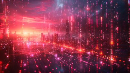 Fototapeta premium A vivid digital cityscape with glowing pink and red lights, representing a futuristic urban environment. Perfect for technology themes.