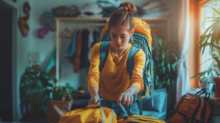 Female backpacker organizing her travel items and packing her backpack in a bright, sunny room
