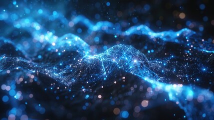 Abstract blue glowing network concept with lines and particles on a dark background, representing data flow and digital connections.