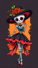 Cute day of the dead cartoon skeleton character. Cute girl. Generative AI.