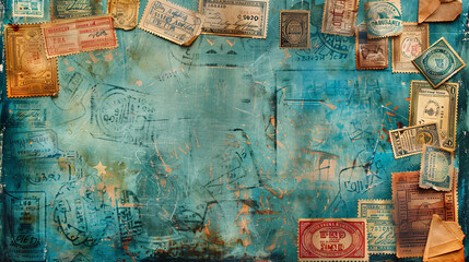 Grunge background with vintage postal stamps and postmarks, isolated elements
