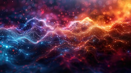 Obraz premium Abstract digital landscape with colorful waves and light particles. A stunning representation of data streams and technology.