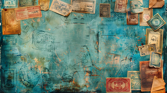 Grunge background with vintage postal stamps and postmarks, isolated elements
