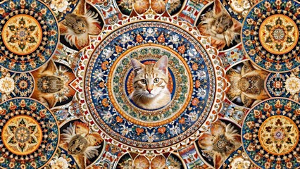 Cats seamless pattern featuring intricate mandala designs, feline, pets, animals, repeat, texture, decorative, ornate