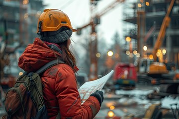 Obraz premium Architects discussing blueprints at a construction site with cranes in the background