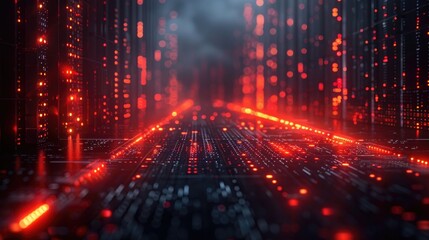 Fototapeta premium Abstract futuristic digital data stream with glowing red lights and dynamic particle trails, representing technology and big data.