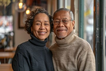 Fototapeta premium Portrait of a cheerful multicultural couple in their 70s wearing a classic turtleneck sweater while standing against serene coffee shop background