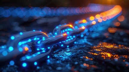 Close-up of a glowing chain with blue lights, creating a vibrant and dynamic industrial scene in low light conditions.