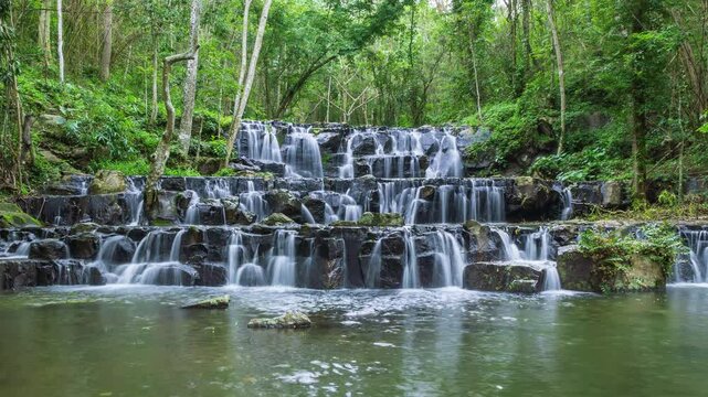 Waterfall in tropical rainforest in Namtok Samlan National Park, Saraburi, Thailand - Time Lapse