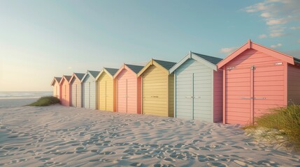 Naklejka premium Serene Sunrise Vibrant Beach Huts Await the Day's Adventure on Secluded Shoreline