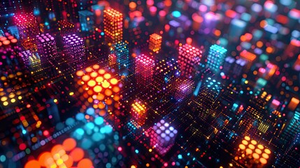 Abstract representation of digital cubes forming a blockchain network structure, illuminated with colorful lights to signify data encryption and secure online transactions.
