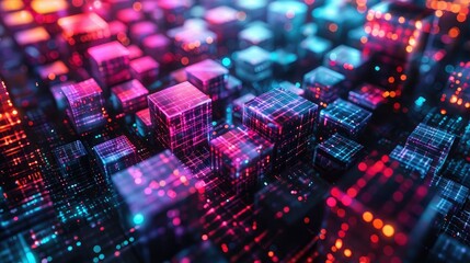 Abstract representation of digital cubes forming a blockchain network structure, illuminated with colorful lights to signify data encryption and secure online transactions.