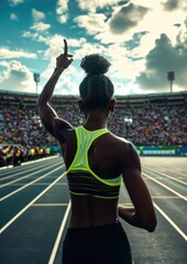 Obraz premium Runner on race track in front of crowd in stadium wearing black and neon green fluorescent running gear with his index finger pointed up to sky.
