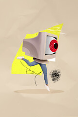 Vertical composite artwork collage image picture of mini girl legs pc monitor eyeball screen...