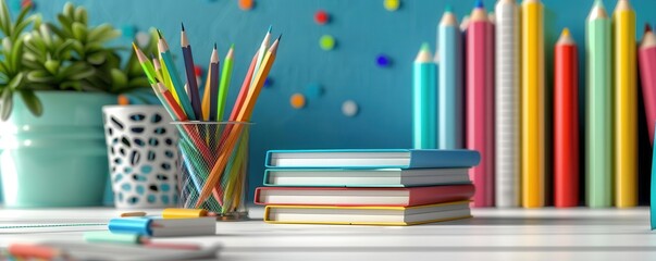 Obraz premium A desk with school books and pencils, school environment, 3D realistic, neat arrangement, isolated on white background