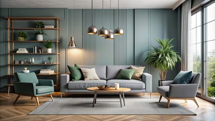 Modern interior design of a stylish living room with minimalist furniture and cool color scheme,...