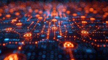 Digital landscape of glowing circuit patterns symbolizing cybersecurity and data protection in a futuristic network matrix.