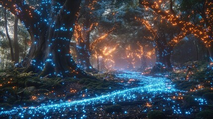 Enchanted forest illuminated by glowing blue and orange lights, creating a magical and mystical atmosphere amidst the natural surroundings.