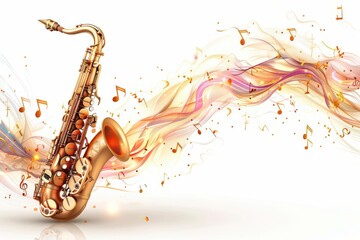 A saxophone with musical notes, wind instrument, 3D realistic, shiny brass, isolated on white background