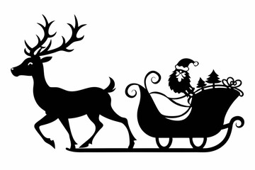 Santa Claus is flying in sleigh with Christmas reindeer. Silhouette of Santa Claus, sleigh with Christmas presents and reindeer