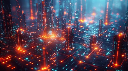 Fototapeta premium Futuristic cityscape with glowing lights and skyscrapers representing advanced technology and digital innovation.