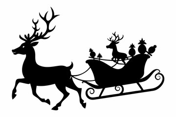 Santa Claus is flying in sleigh with Christmas reindeer. Silhouette of Santa Claus, sleigh with Christmas presents and reindeer