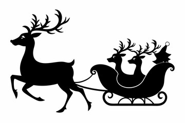 Santa Claus is flying in sleigh with Christmas reindeer. Silhouette of Santa Claus, sleigh with Christmas presents and reindeer